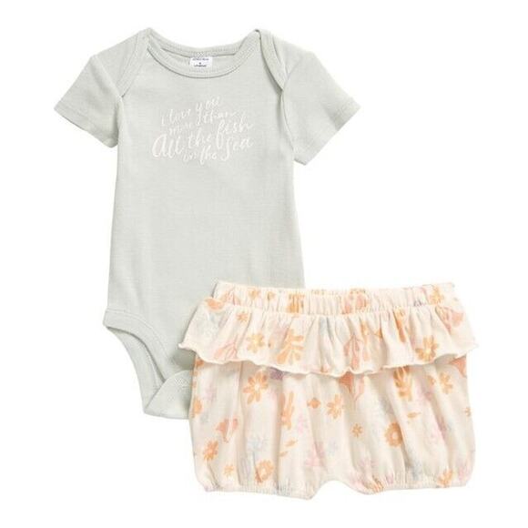 Nordstrom Baby Girl Sea Green/Ivory Graphic Bodysuit/Ruffle Bubble Shorts Set 6M - Picture 1 of 1